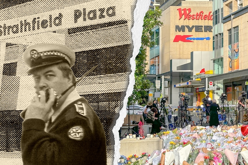 Composite image of the front of Strathfield Plaza in 1991 and Westfield Bondi Junction in 2024.
