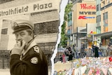 Composite image of the front of Strathfield Plaza in 1991 and Westfield Bondi Junction in 2024.