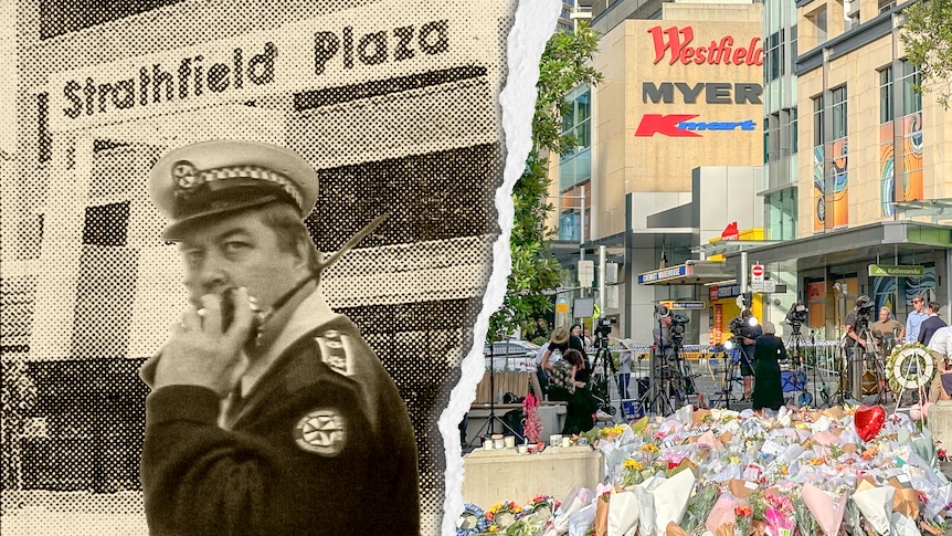 Composite image of the front of Strathfield Plaza in 1991 and Westfield Bondi Junction in 2024.