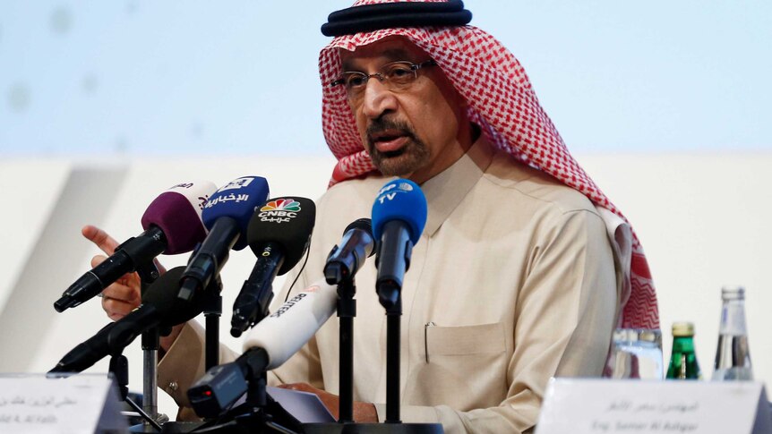 Saudi Energy Minister Khalid al-Falih speaks during a news conference in Riyadh, Saudi Arabia.