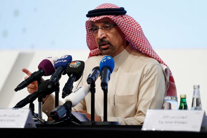 Saudi Energy Minister Khalid al-Falih speaks during a news conference in Riyadh, Saudi Arabia.