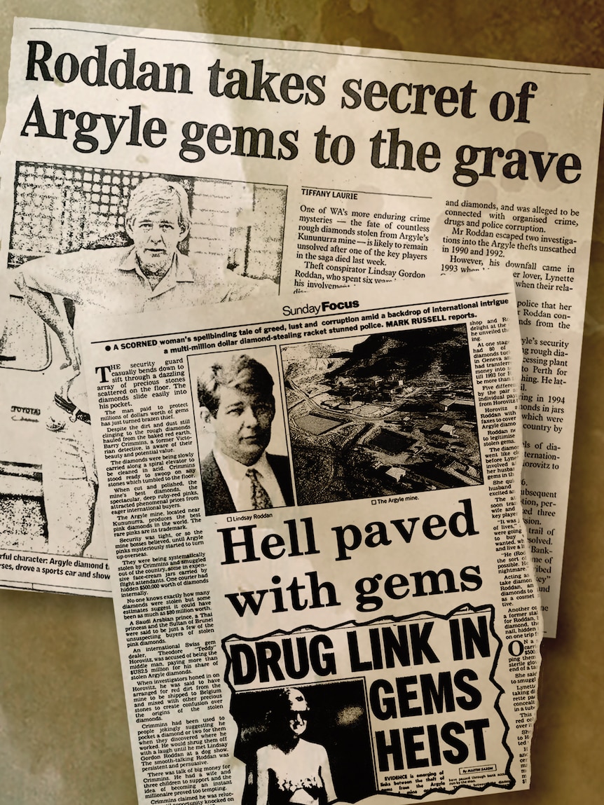 Two newspaper articles with the headlines "Roddan takes secret of Argyle gems to the grave" and "Hell paved with gems".