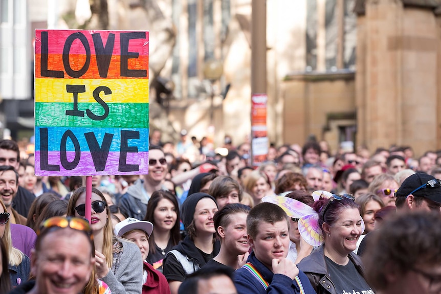 People hold colorful signs in a large crowd in support of gay marriage