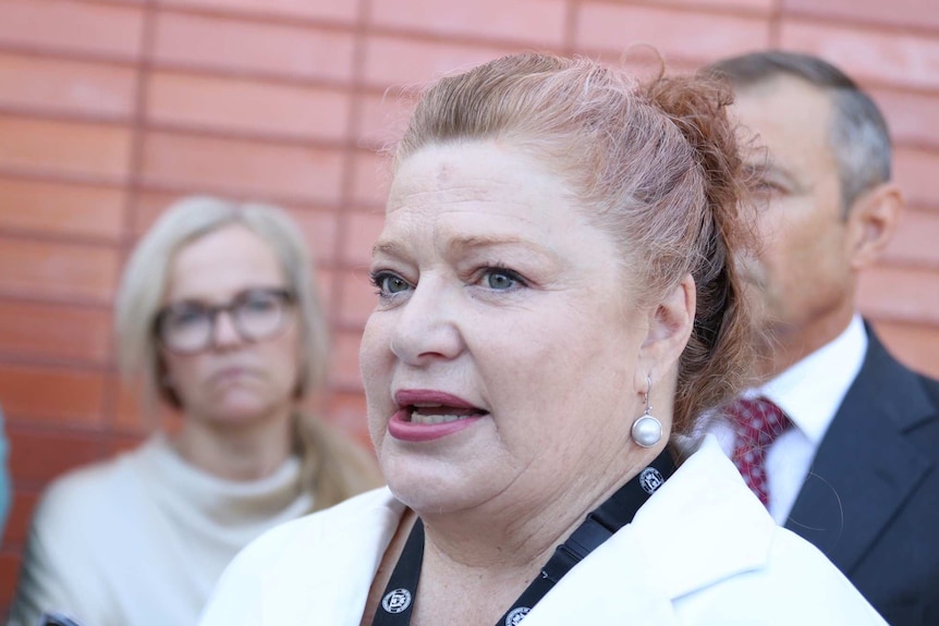 WA Government Education Minister Sue Ellery speaks outside Parliament, Roger Cook stands behind her.