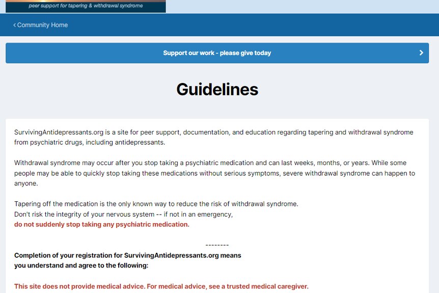 screenshot of website survivingantidepressants.org