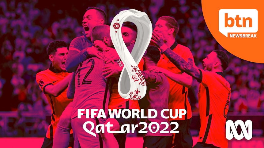 The Qatar 2022 FIFA World Cup logo and photo of soccer players celebrating a goal or win on the soccer field.