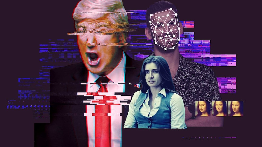 A glitchy illustration of Donald Trump impersonator, Nicolas Cage's face on a woman and Nic Maher with reference points on face.