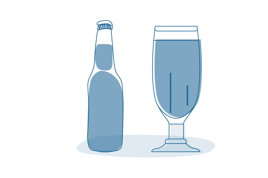 Illustration of a beer bottle and glass.