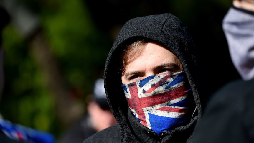 Far right protester with facemask