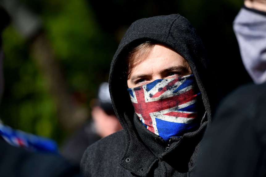 Far right protester with facemask
