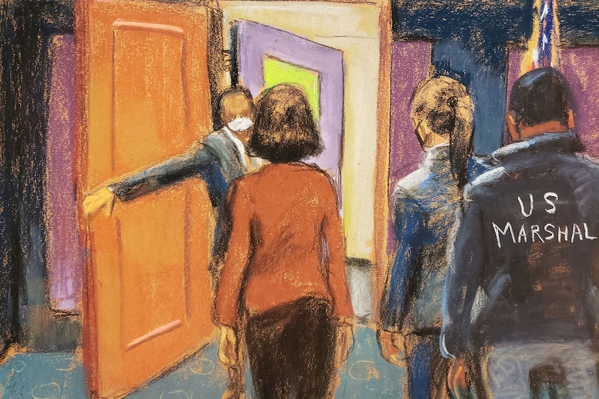 A court sketch of Ghislaine Maxwell walking through a door surrounded by US Marshalls