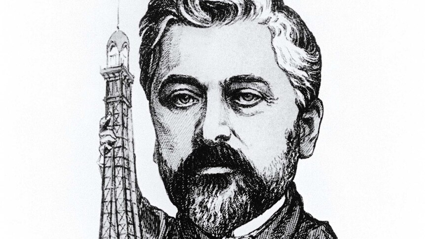 Cartoon of Gustave Eiffel with his tower.