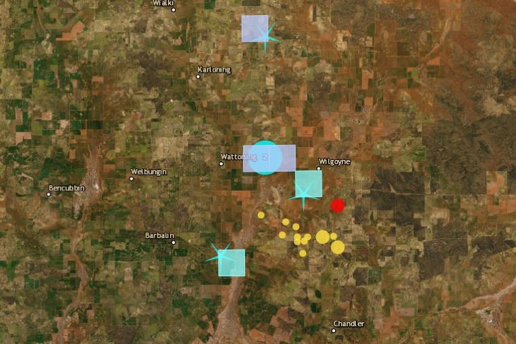 Satellite image showing the location of earthquakes in the Wheatbelt.