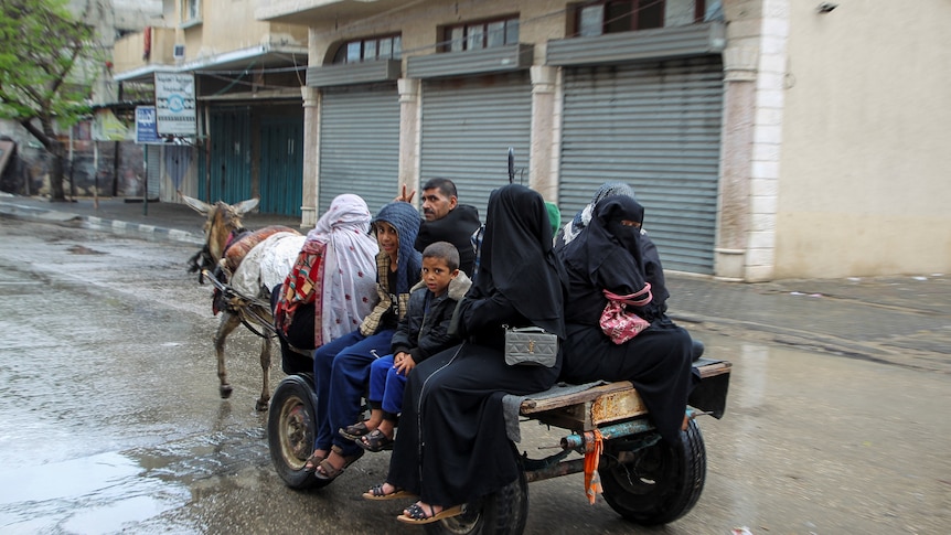 A family of eight bundled up on a cart pulled by a donkey 