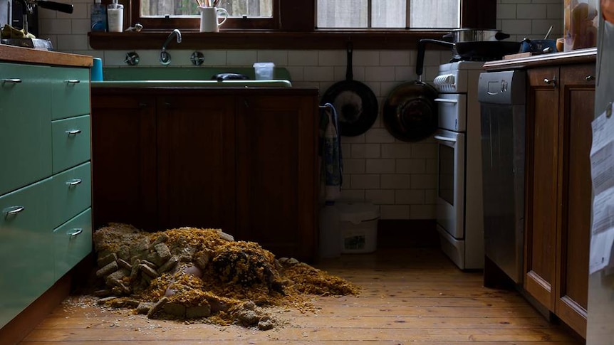 In-sanitarium, 2015, by Ilona Nelson depicts a woman lying on her kitchen floor covered in breakfast cereal.