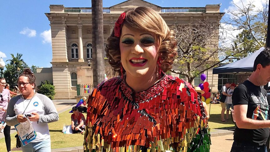 Melbourne-based entertainer Dolly Diamond at a same-sex marriage rally in Brisbane's CBD at Queens Gardens.