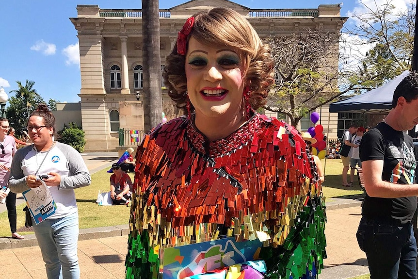 Melbourne-based entertainer Dolly Diamond at a same-sex marriage rally in Brisbane's CBD at Queens Gardens.