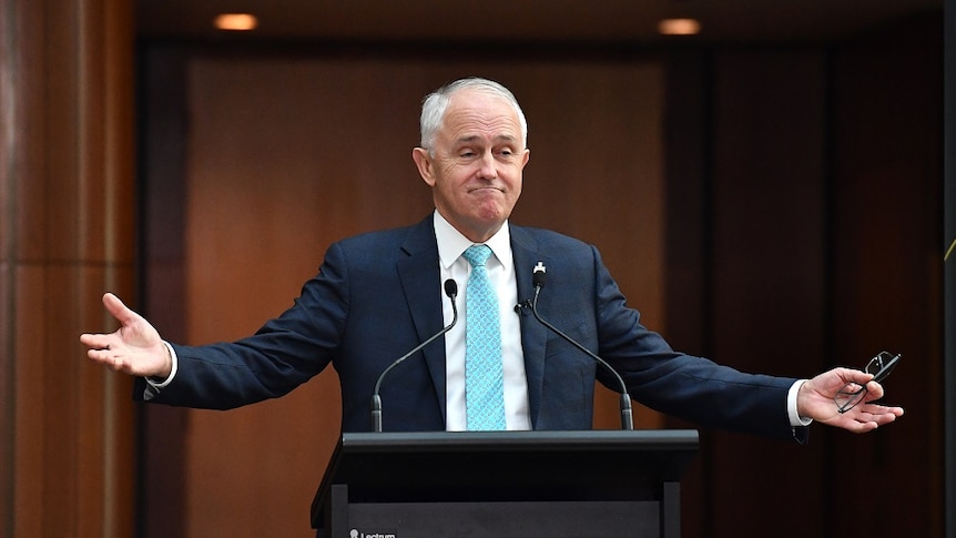 Malcolm Turnbull stands at a microphone holding his arms out wide.