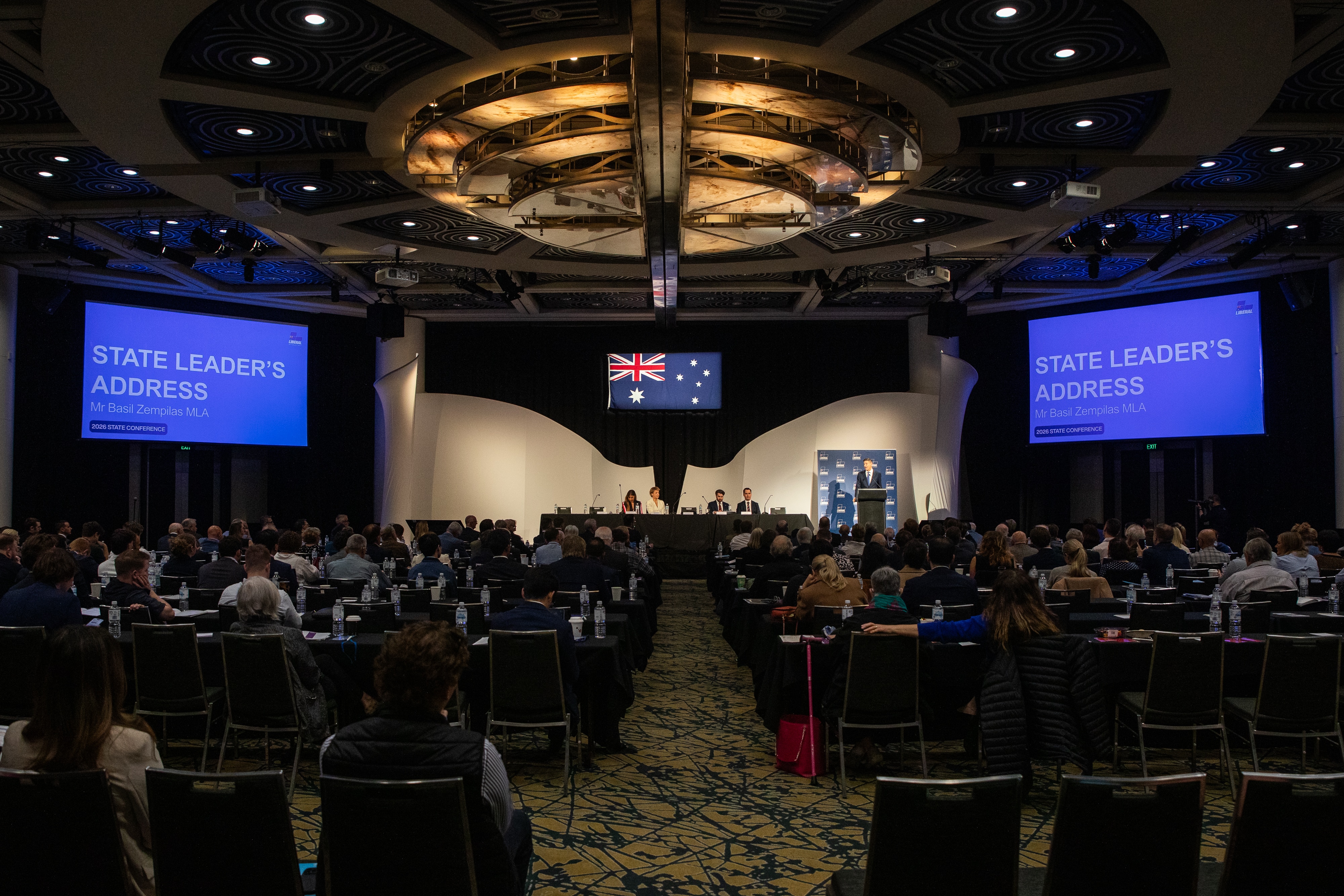A wide shot of a room where the WA Liberal state conference is being held.