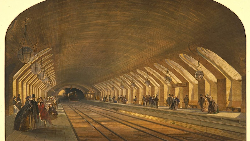A lithograph of Baker Street station