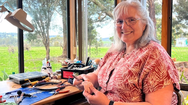 A woman with silver hair and glasses sits at a desk