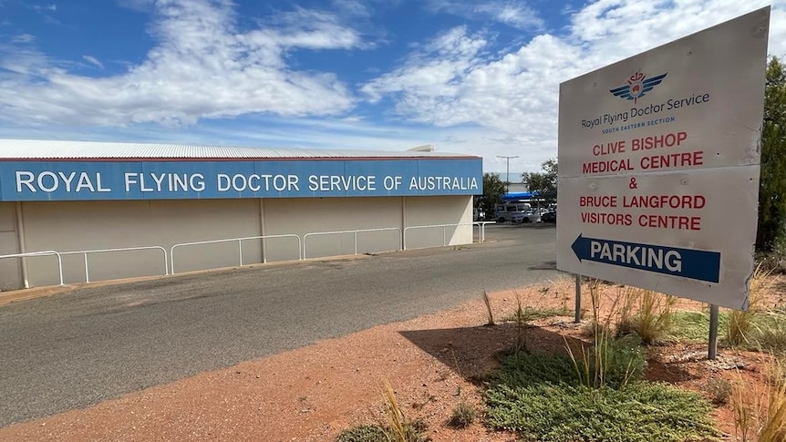 Exterior of an industrial building and signage for the Royal Flying Doctor's Broken Hill medical centre