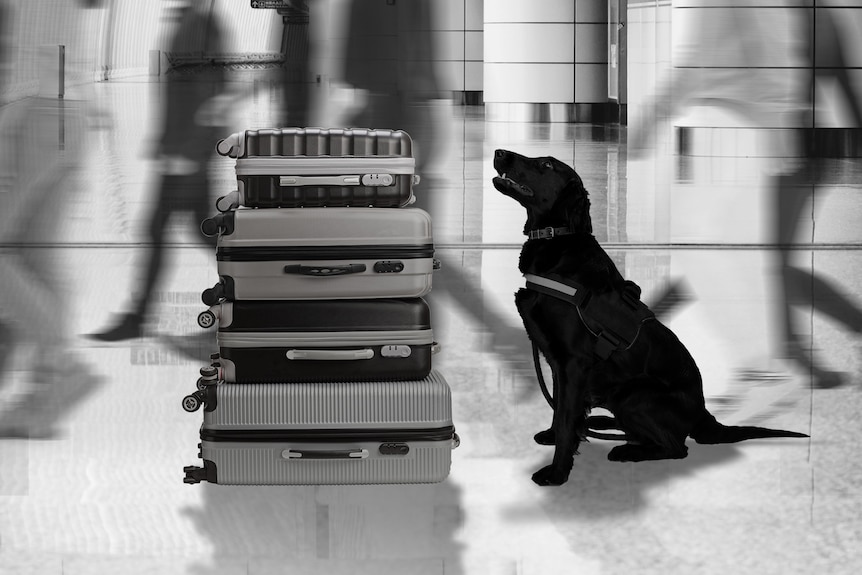Asniffer dog looks at a pile of suitcases in an airport
