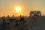 Revellers at the Burning Man festival, with the sun shimmering across the desert.