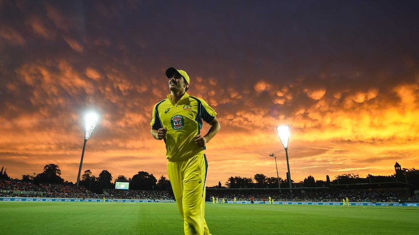 Australia's Pat Cummins reacts as the sun goes down at second ODI against New Zealand in Canberra.