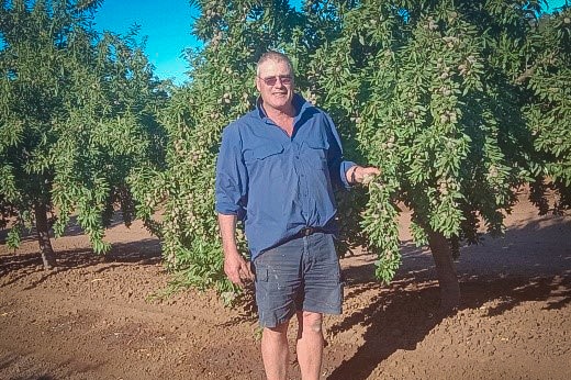 An almond grower stands next to one of his trees in his orchard