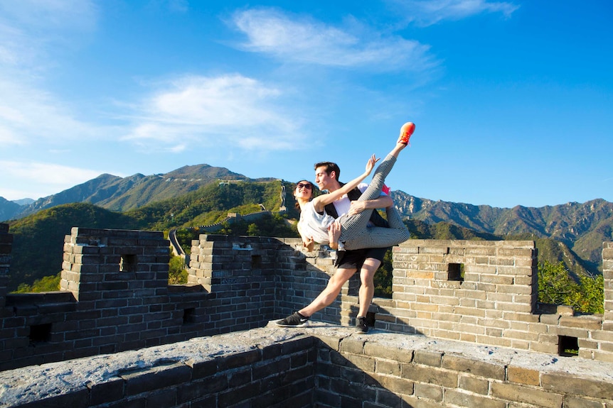 Australian Ballet dancers pose on the Great Wall of China