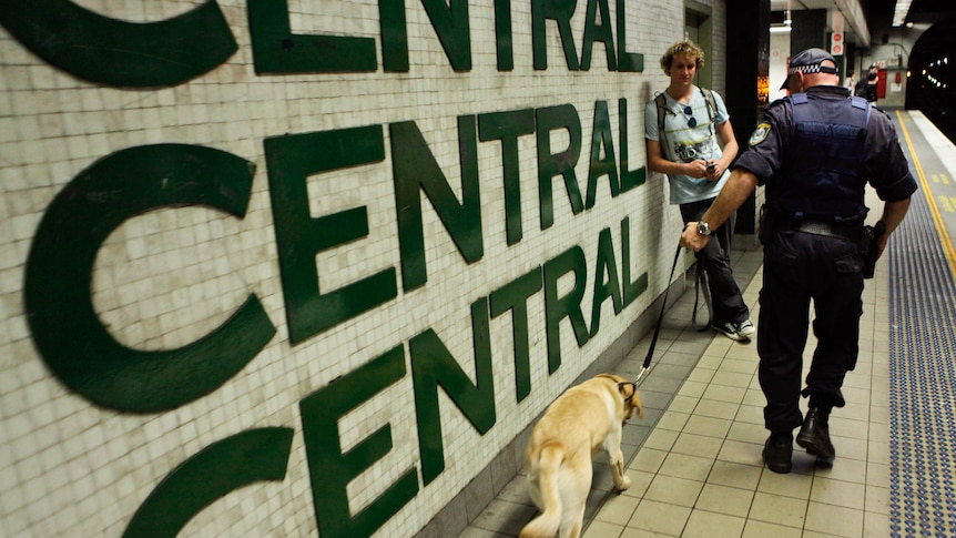 Policeman and dog patrol Sydney's Central Railway Station