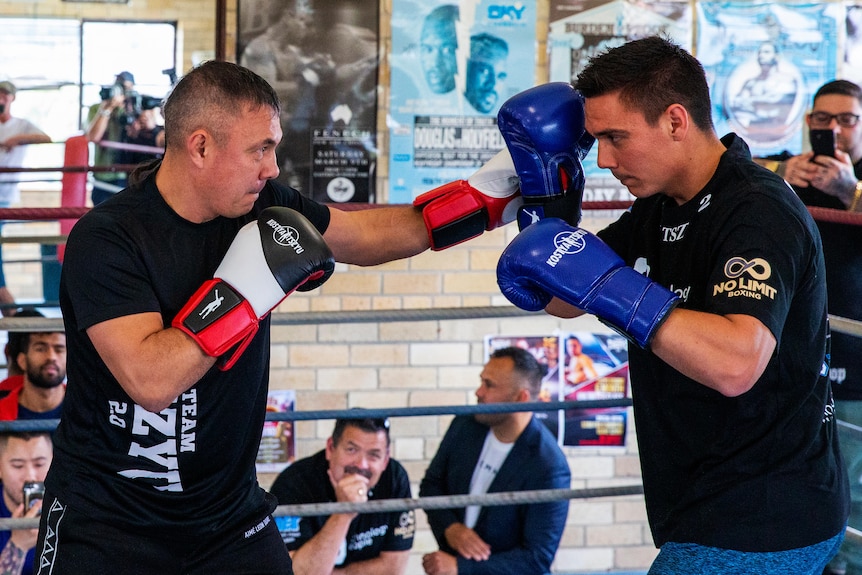 Kostya and Tim Tszyu spar boxing together.