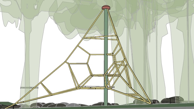 a cartoon-style drawn building draft of a piece of play equipment in the shape of a pyramid made of rope