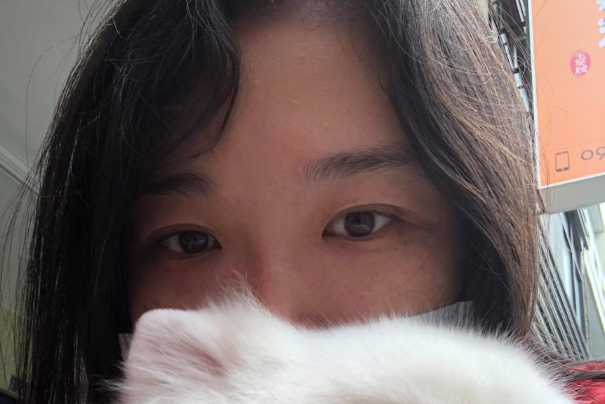 Chen Ya-Tin's eyes seen behind a white fluffy dog.