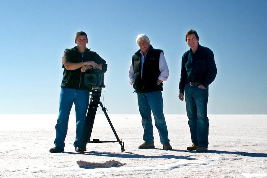 John Bean, Gary Ticehurst and Paul Lockyer on the salt pans at Lake Eyre.