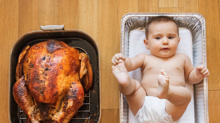 Stock image of a baked turkey and baby girl (2-5 months) in baking dish