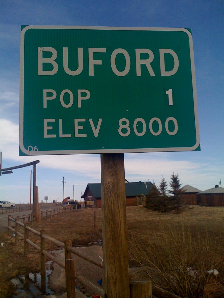 A sign at the limits of Buford, Wyoming, which has been billed as the smallest town in America.