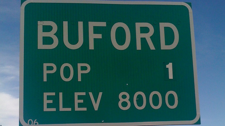 A sign at the limits of Buford, Wyoming, which has been billed as the smallest town in America.