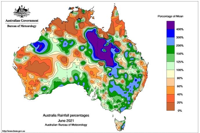 A map showing rainfall figures in June, with much of Perth and southern WA below average