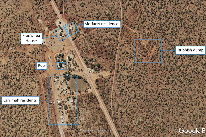an aerial view of an outback town with annotations