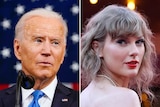 Side by side photos of Joe Biden in front of an American flag and Taylor Swift looking over her shoulder