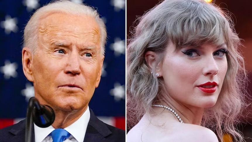 Side by side photos of Joe Biden in front of an American flag and Taylor Swift looking over her shoulder