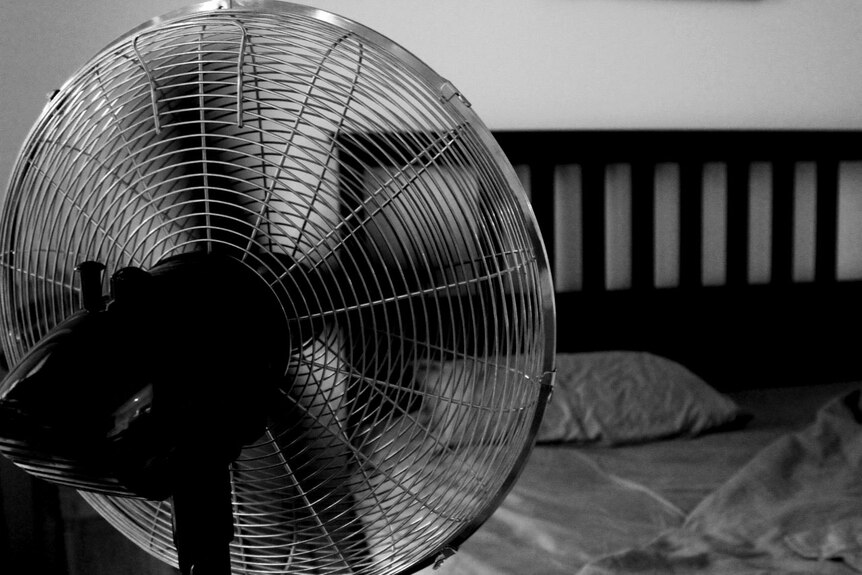 A standing fan in a bedroom