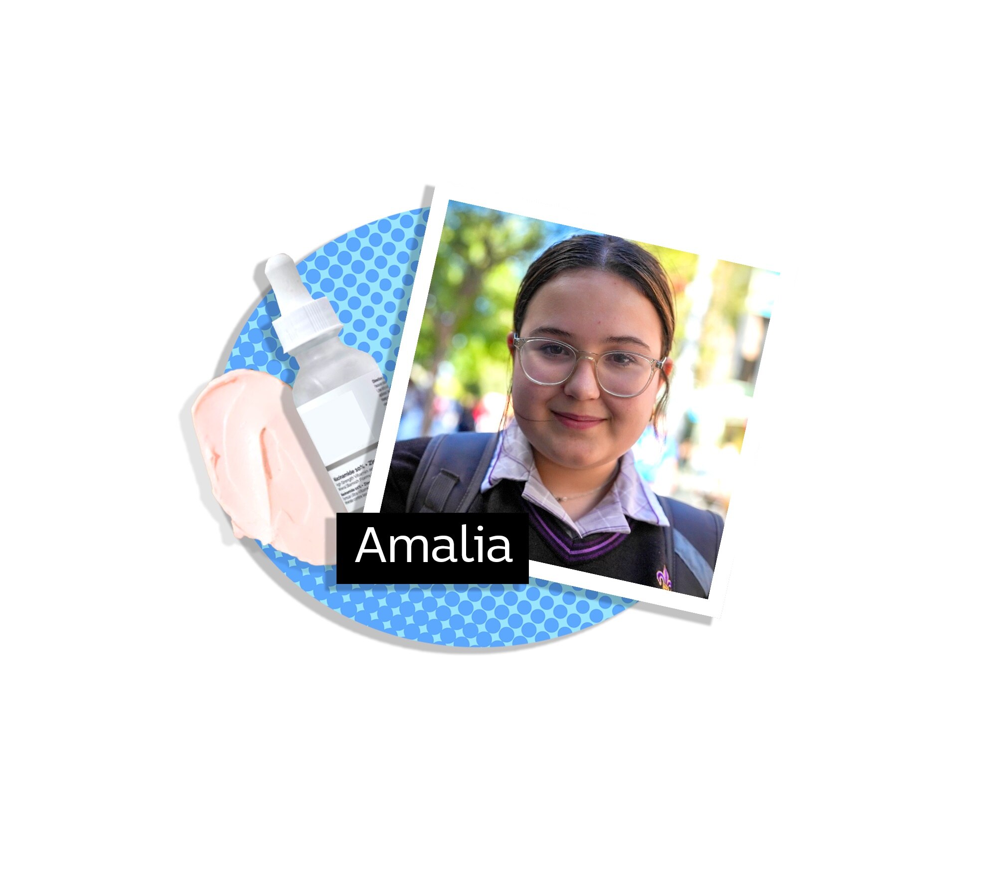 A photo of a smiling girl with glasses and hair tied back inside a colourful graphic with skincare products and the word Amalia.