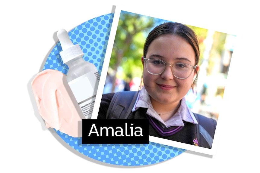 A photo of a smiling girl with glasses and hair tied back inside a colourful graphic with skincare products and the word Amalia.