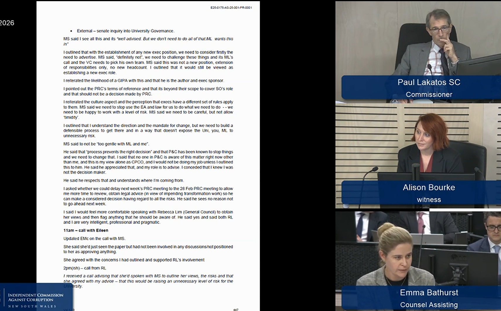 Four panel screen shot of incac inquiry Ms Bourke in the centre on the right