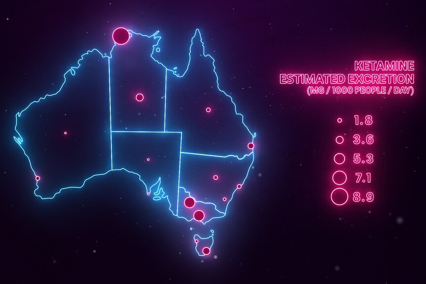 A neon map of Australia showing which cities had the least and most ketamine use, bright pink being cities.