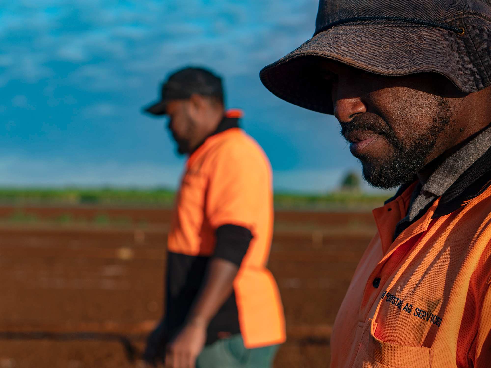 Two men walk through a field of farming land.