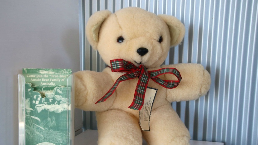 A honey coloured teddy with a ribbon around its neck